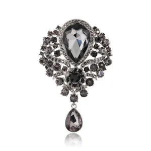 Vintage Black Crystal Teardrop Silver Brooch