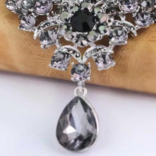 Vintage Black Crystal Teardrop Silver Brooch