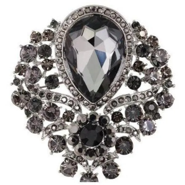 Vintage Black Crystal Teardrop Silver Brooch