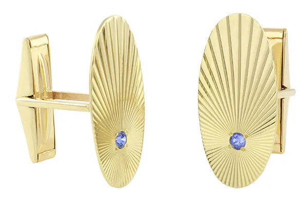 Vintage Mid Century Modern 1950's Starburst Blue Sapphire Cufflinks in 14 Karat Yellow Gold