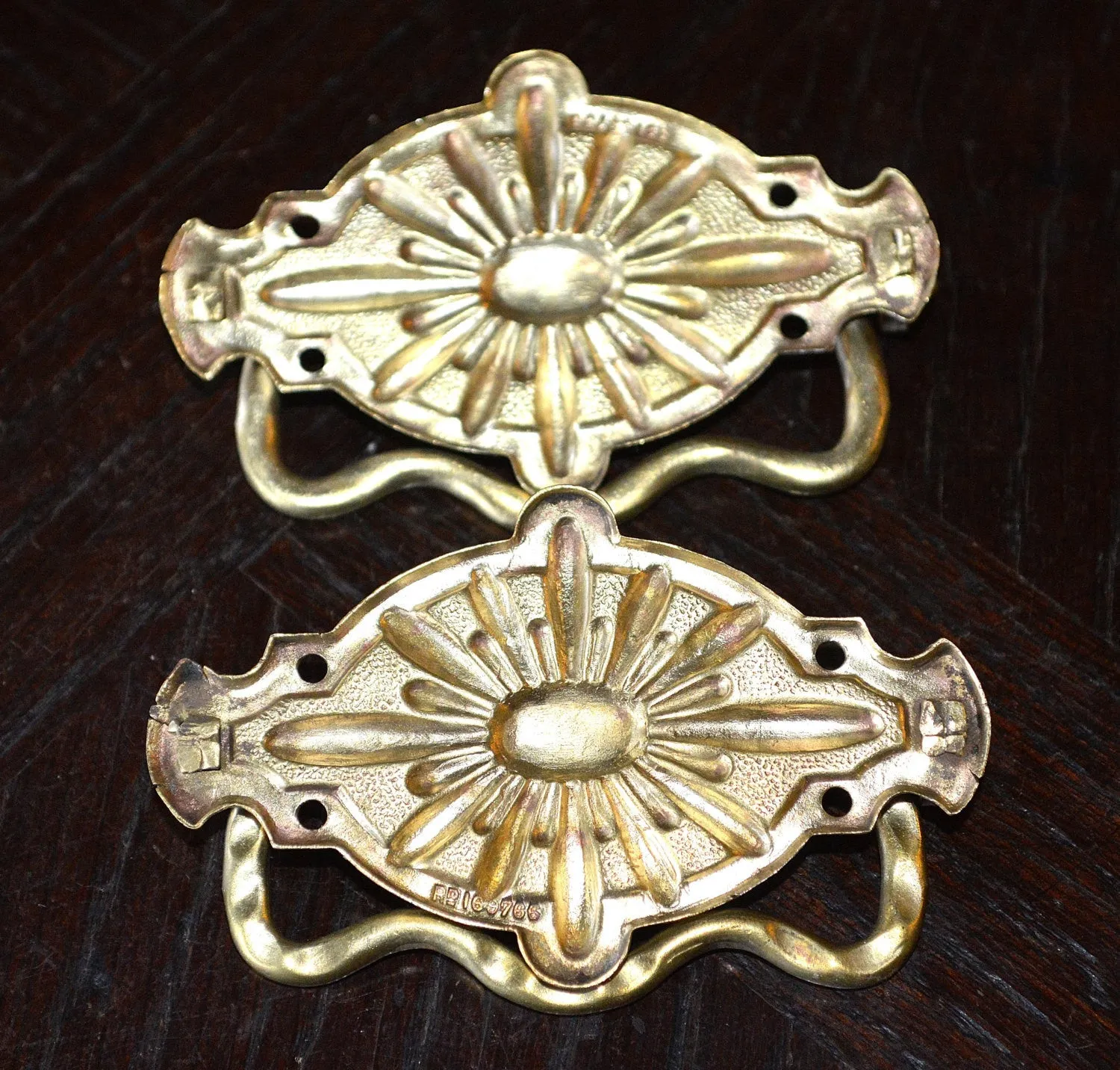 Vintage Pair Drawer Pulls French Brass Sunburst Pattern Hardware