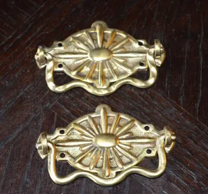 Vintage Pair Drawer Pulls French Brass Sunburst Pattern Hardware
