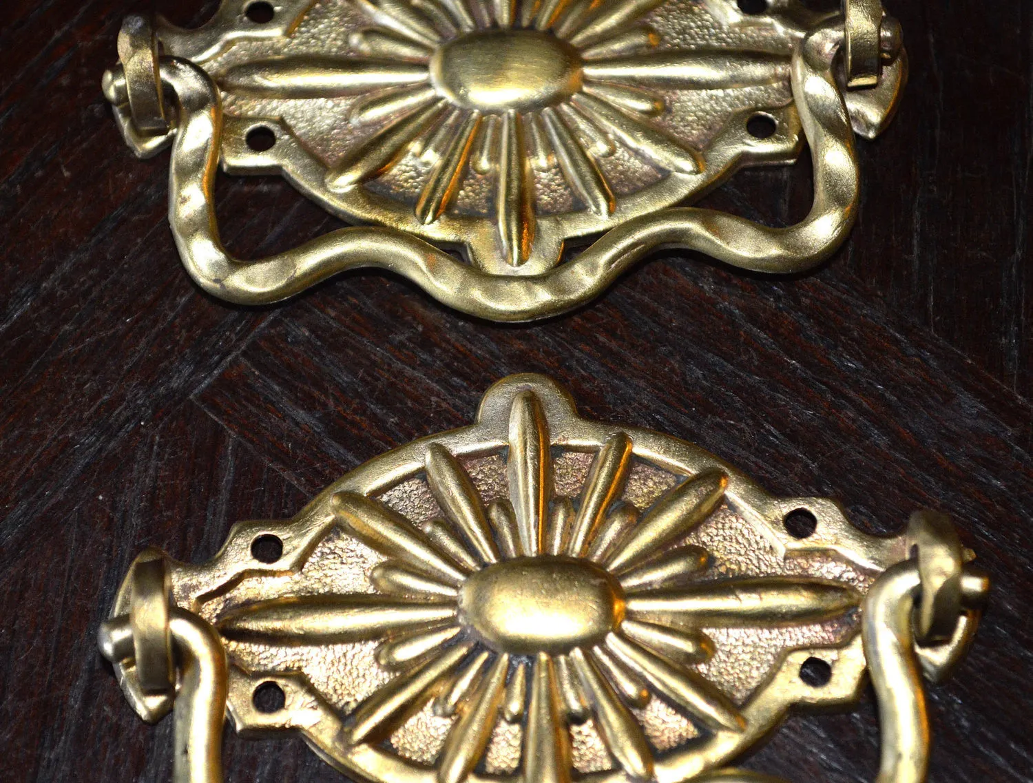 Vintage Pair Drawer Pulls French Brass Sunburst Pattern Hardware