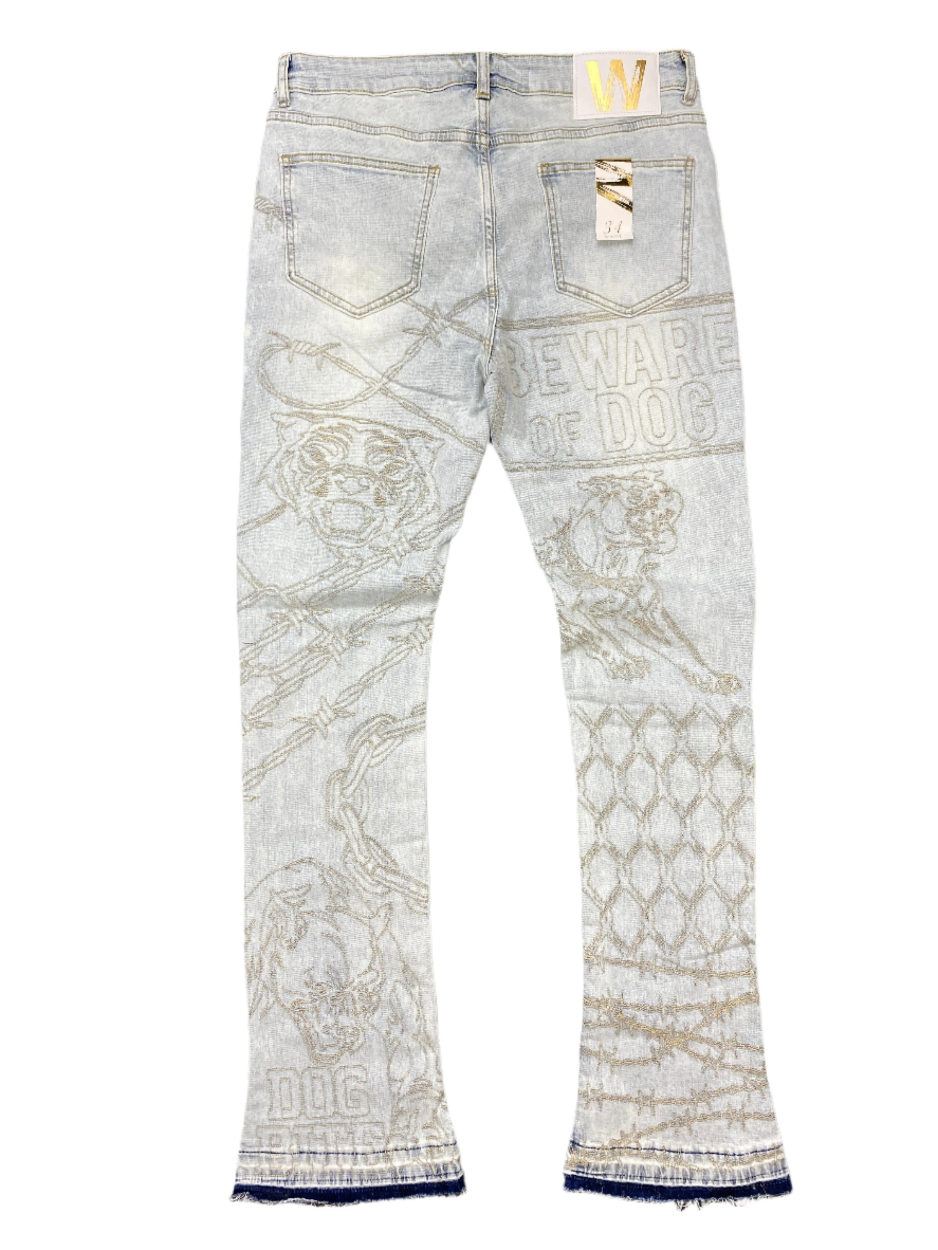 W Beware of Dog Stacked Flare L.t Blue Wash