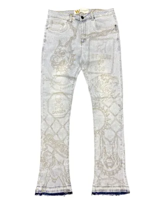 W Beware of Dog Stacked Flare L.t Blue Wash