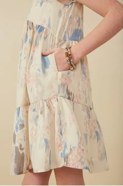 Watercolor V Neck Tiered Ruffled Dress