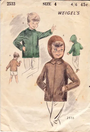 Weigels' 2533 Boys RETRO Hoodie Jacket 1960s Vintage Sewing Pattern Size 4