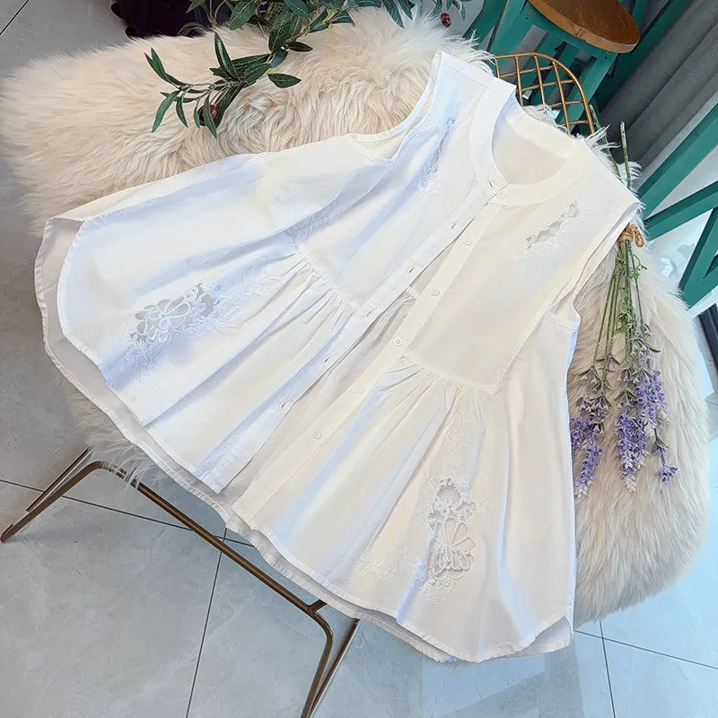 Women Vintage Embroidered Cotton Sleeveless Layered Vest Blouse