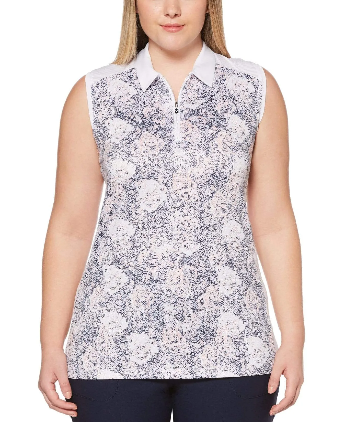 Womens Plus Ventilated Dotted Blossom Print Polo