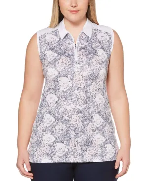 Womens Plus Ventilated Dotted Blossom Print Polo