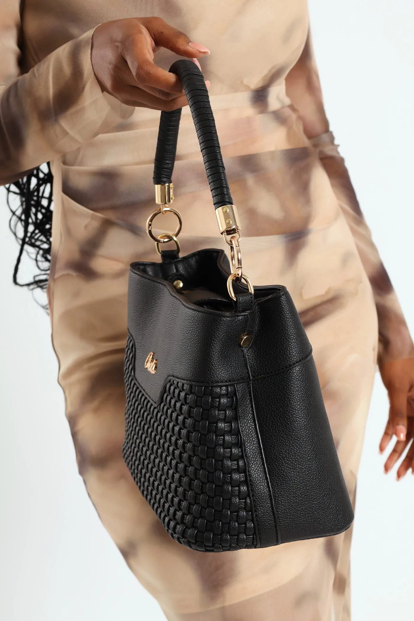 Woven Top Handle Bucket Bag - Black