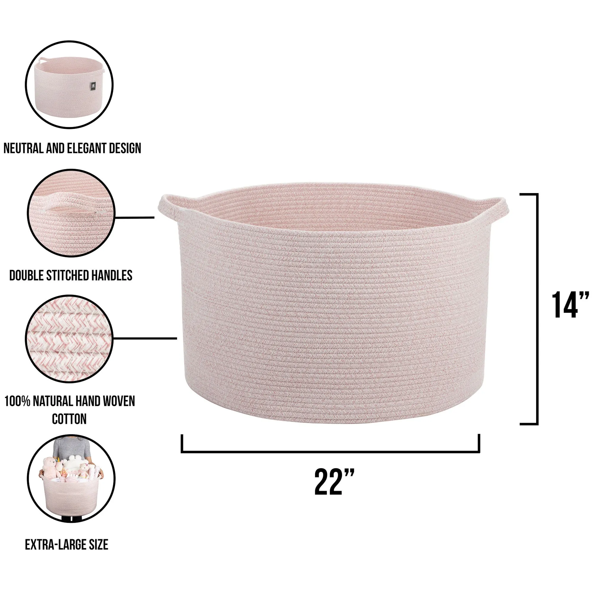 XXL Cotton Rope Basket – 22” x 22” x 14” – Baby Pink