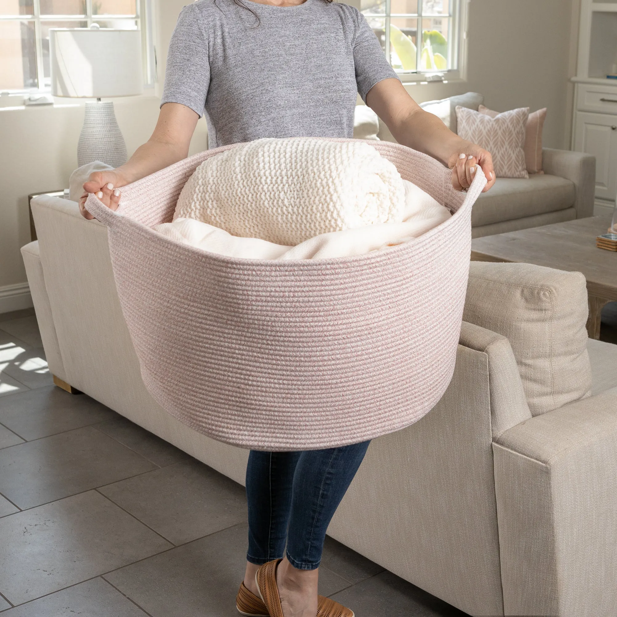 XXL Cotton Rope Basket – 22” x 22” x 14” – Baby Pink