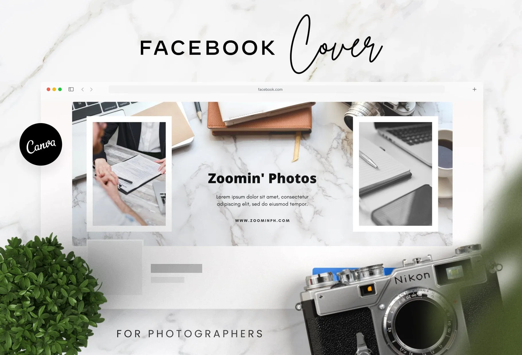 Zoomin Photos Facebook Cover for Photographers Editable Canva Template